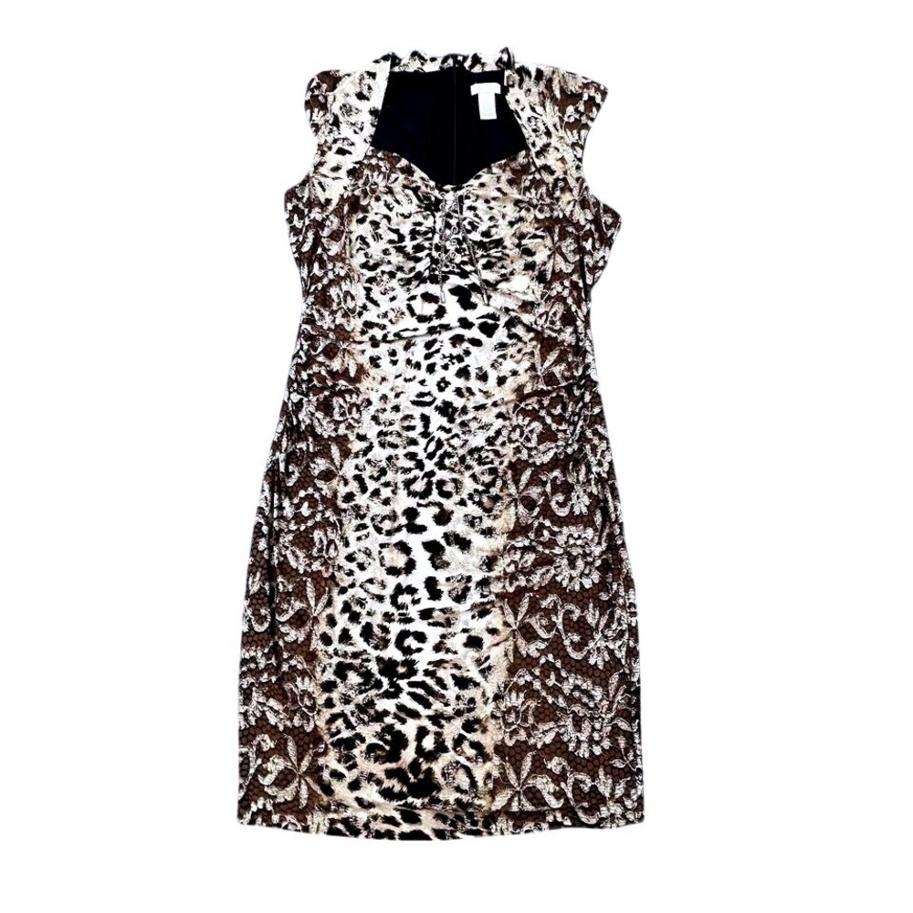 VTG Cache XL Animal Leopard Print Lace Overlay Bodycon Sheath Dress Y2K